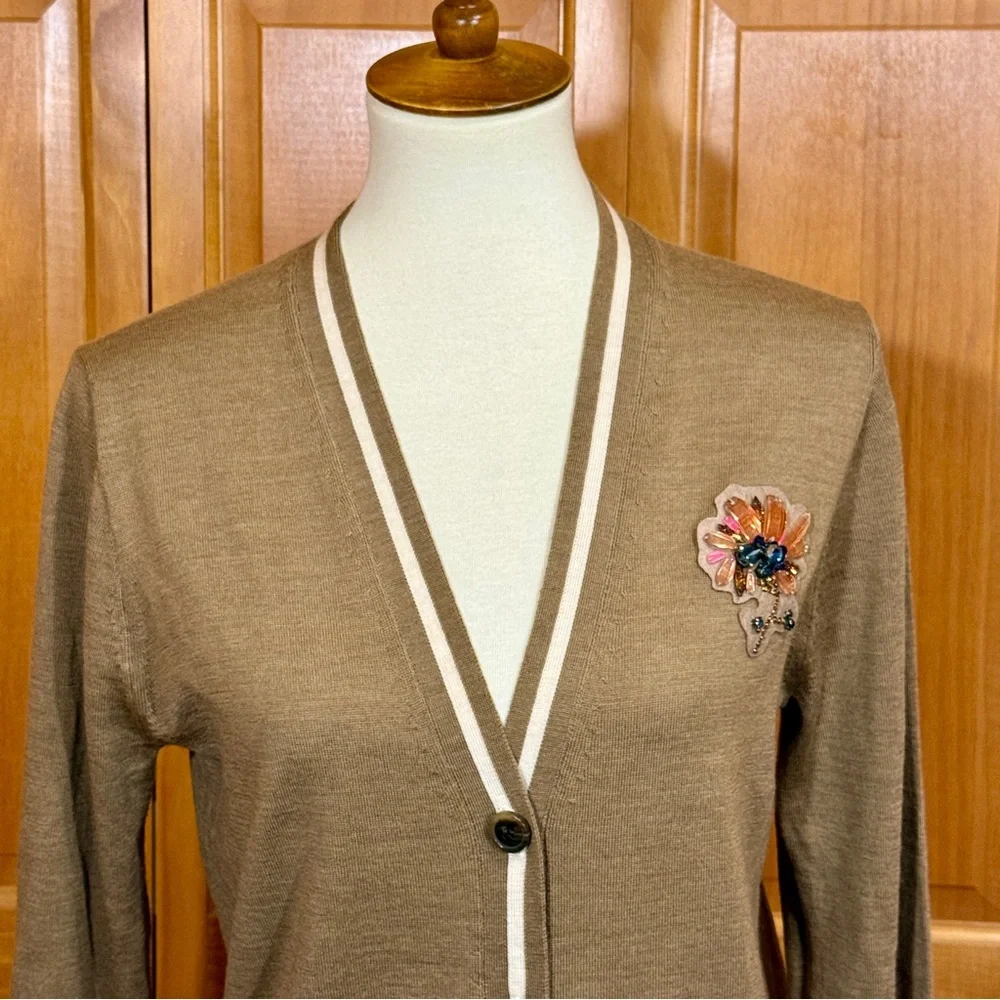 J Crew V Neck Cardigan Sweater with Floral Embellished Jewel Patch